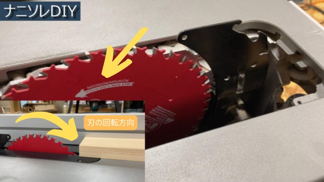 テーブルソーの刃の取り付け向き